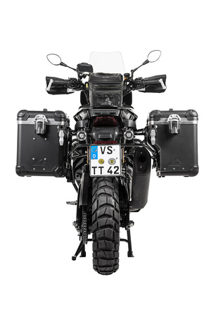 ZEGA Evo X "Premium Edition" system kufrów bocznych "And-Black" 45/45 litrów z czarnym stelażem ze stali nierdzewnej do Harley-Davidson RA1250 Pan Ame
