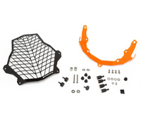 Stainless steel black headlight protector with quick release fasteners, orange bracket, for KTM 1050 Adventure/ 1090 Adventure/ 1190 Adventure/ 1190 A